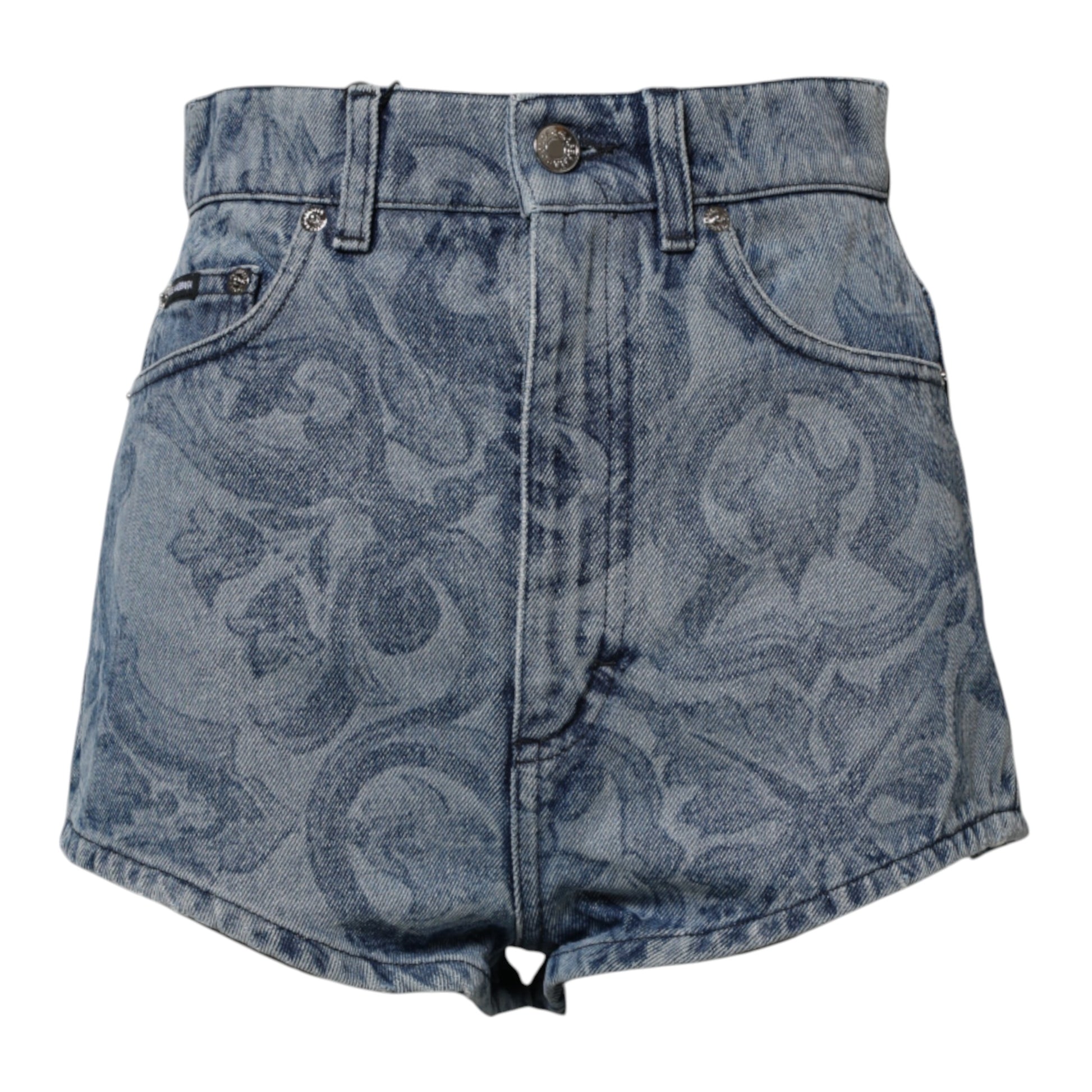 Blaue Hotpants-Shorts aus Denim-Baumwolle mit Blumenmuster