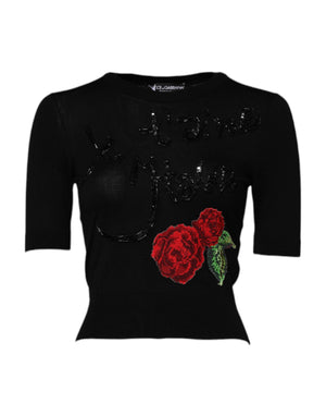 Schwarzes Blusentop mit Rosen-Paillettenverzierung