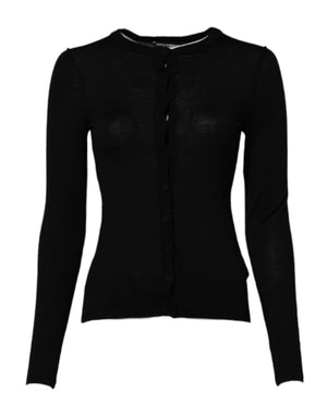 Schwarzer Wollstrick-Cardigan mit Rundhalsausschnitt