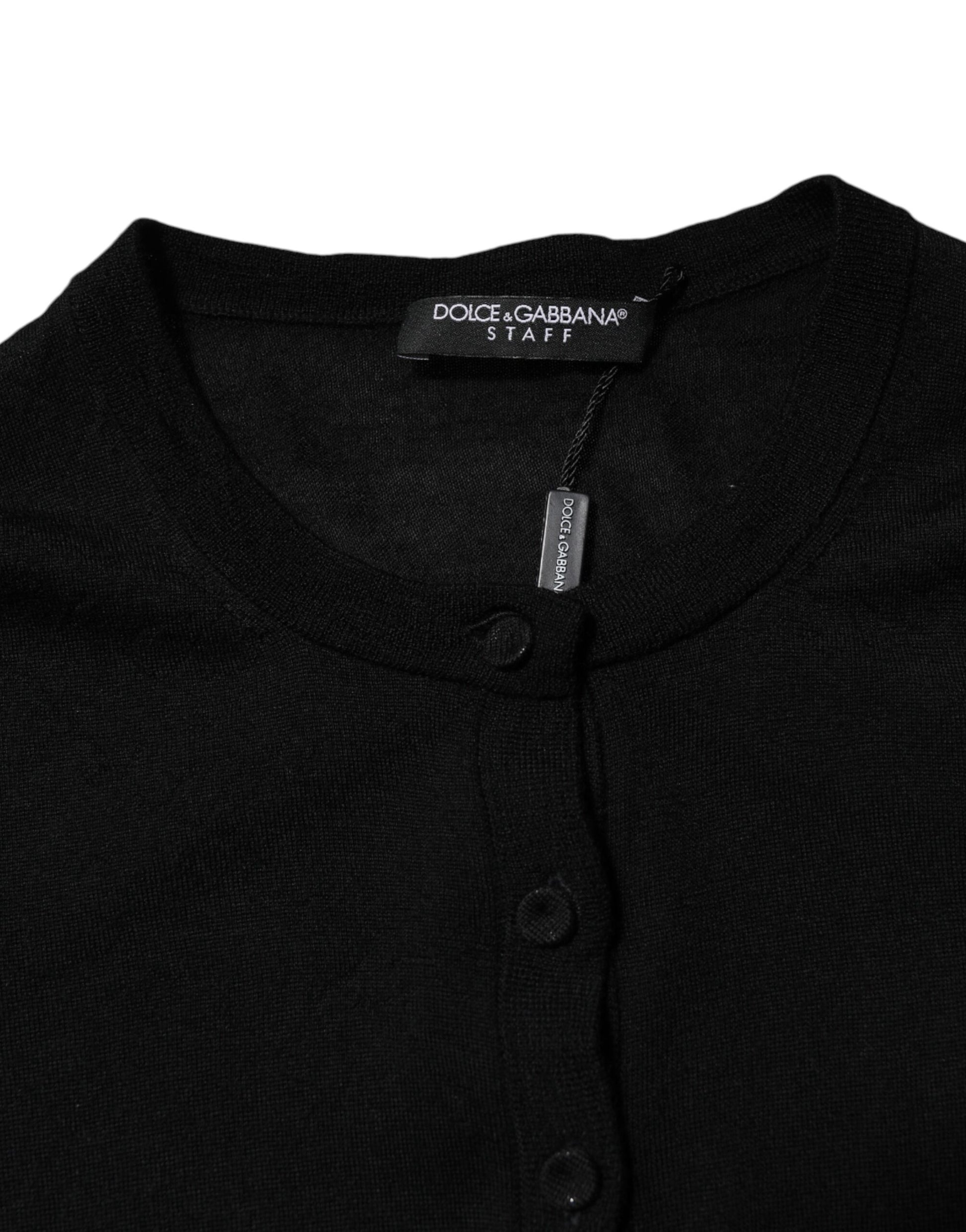 Schwarzer Wollstrick-Cardigan mit Rundhalsausschnitt