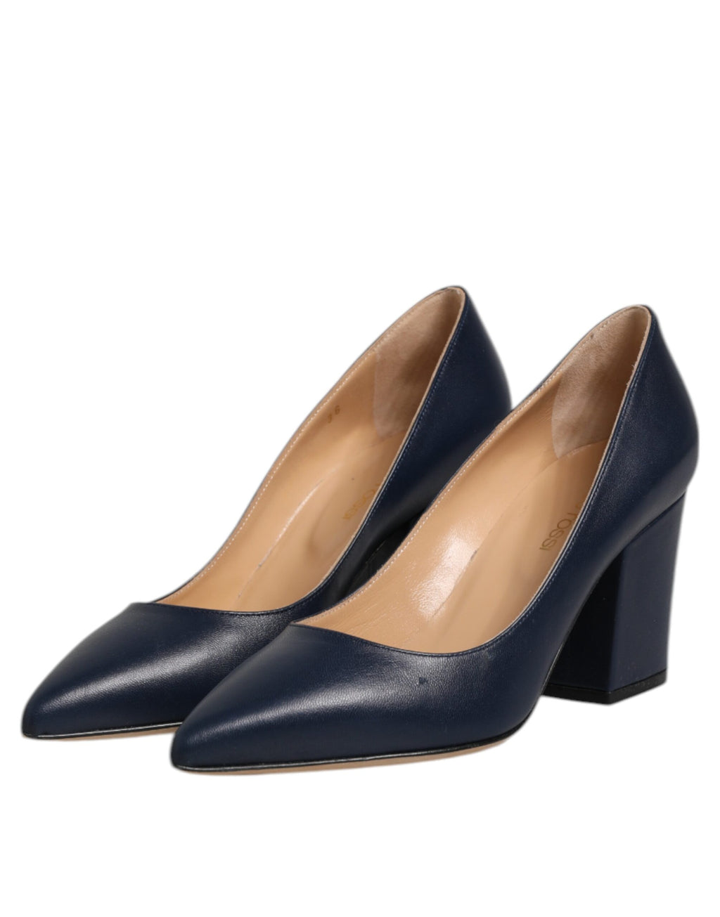 Blaue Lederschuhe mit spitzer Zehenpartie und Blockabsatz