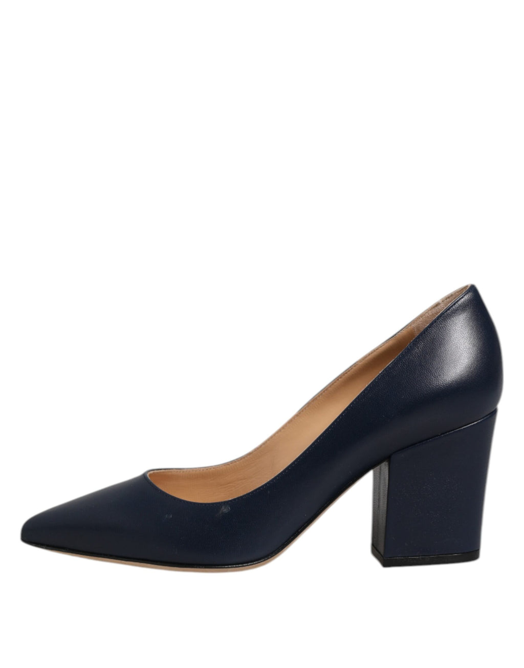 Blaue Lederschuhe mit spitzer Zehenpartie und Blockabsatz