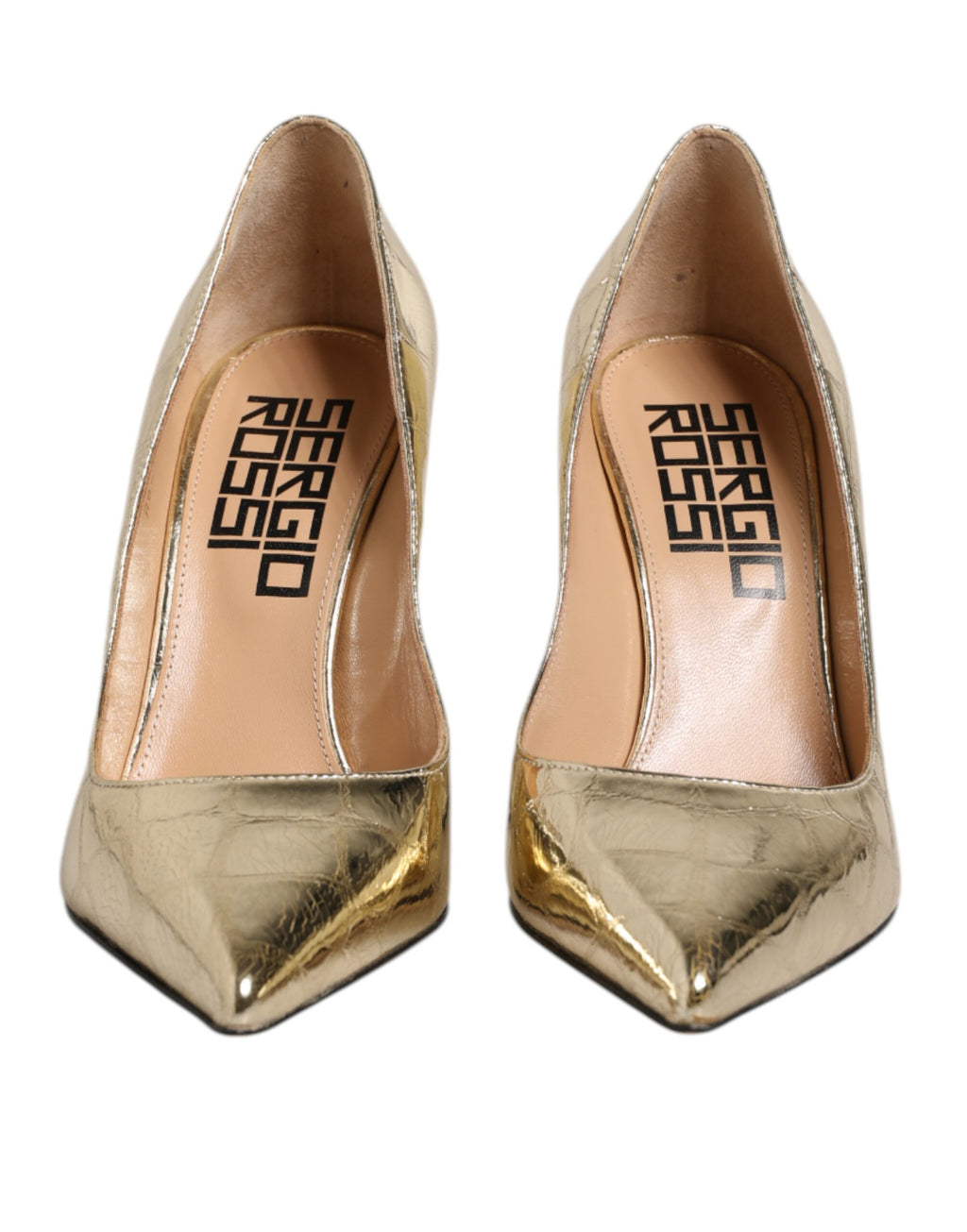 Goldfarbene Lederschuhe mit spitzer Zehenpartie und Blockabsatz