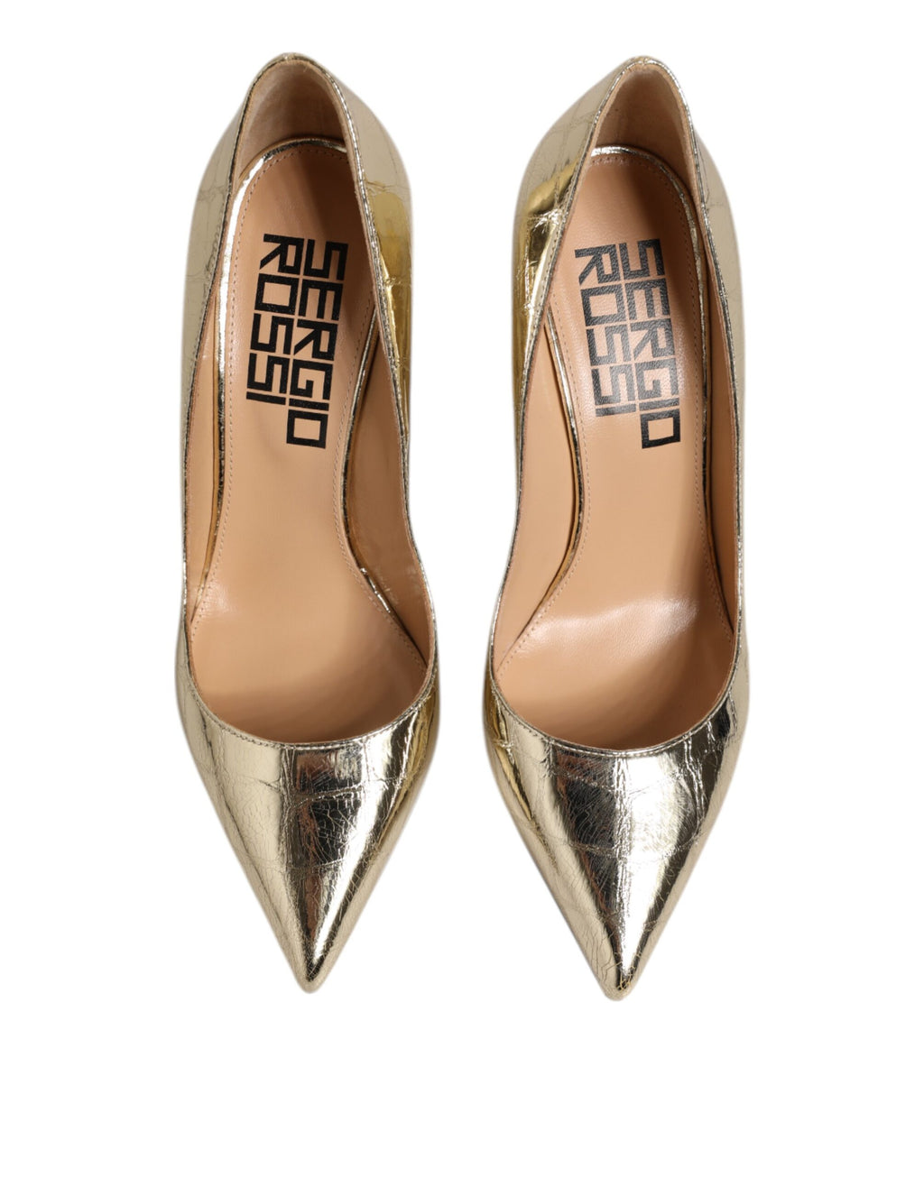Goldfarbene Lederschuhe mit spitzer Zehenpartie und Blockabsatz