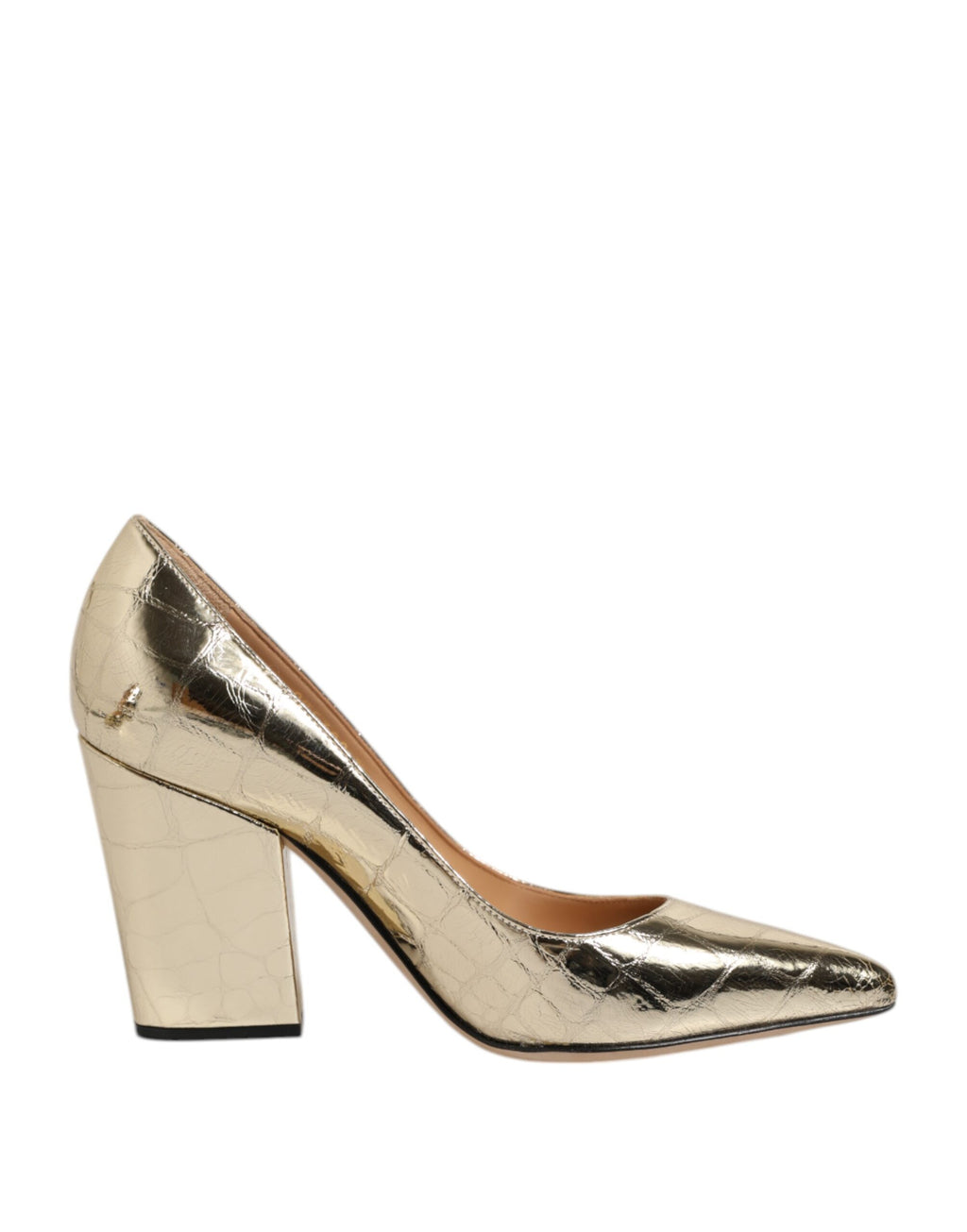 Goldfarbene Lederschuhe mit spitzer Zehenpartie und Blockabsatz