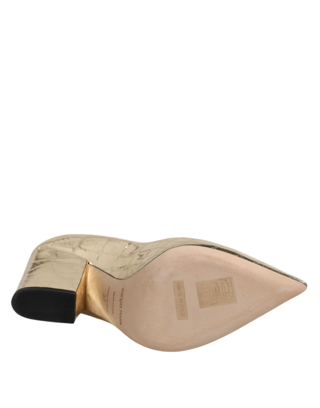 Goldfarbene Lederschuhe mit spitzer Zehenpartie und Blockabsatz