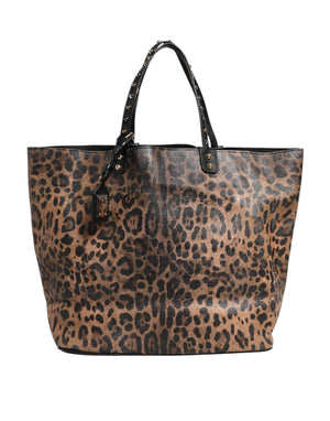 Braune Tragetasche aus Leder mit Logo-Schild „BEATRICE“ mit Leopardenmuster