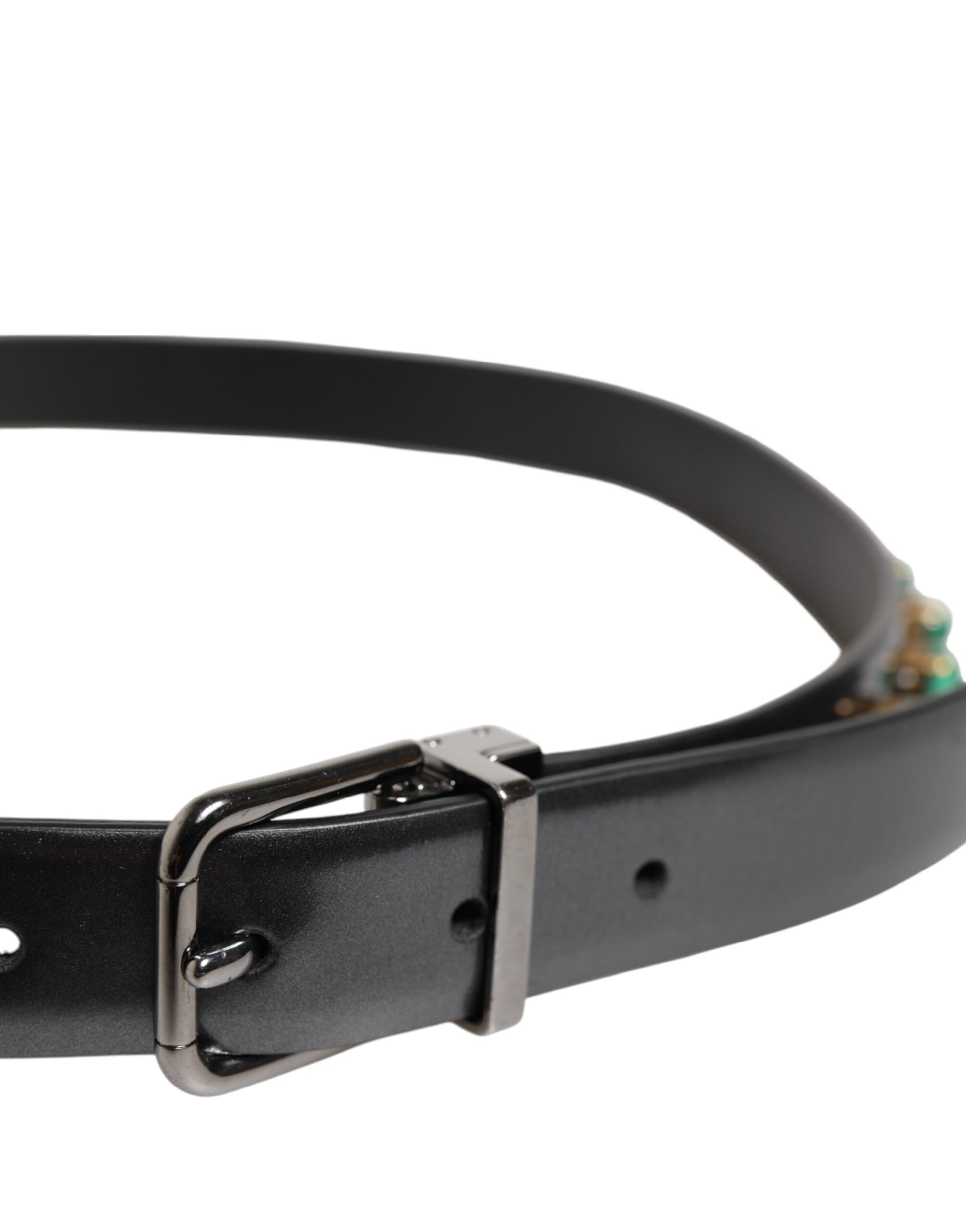 Dolce & Gabbana Black Leather Studded Silver Tone Buckle Belt