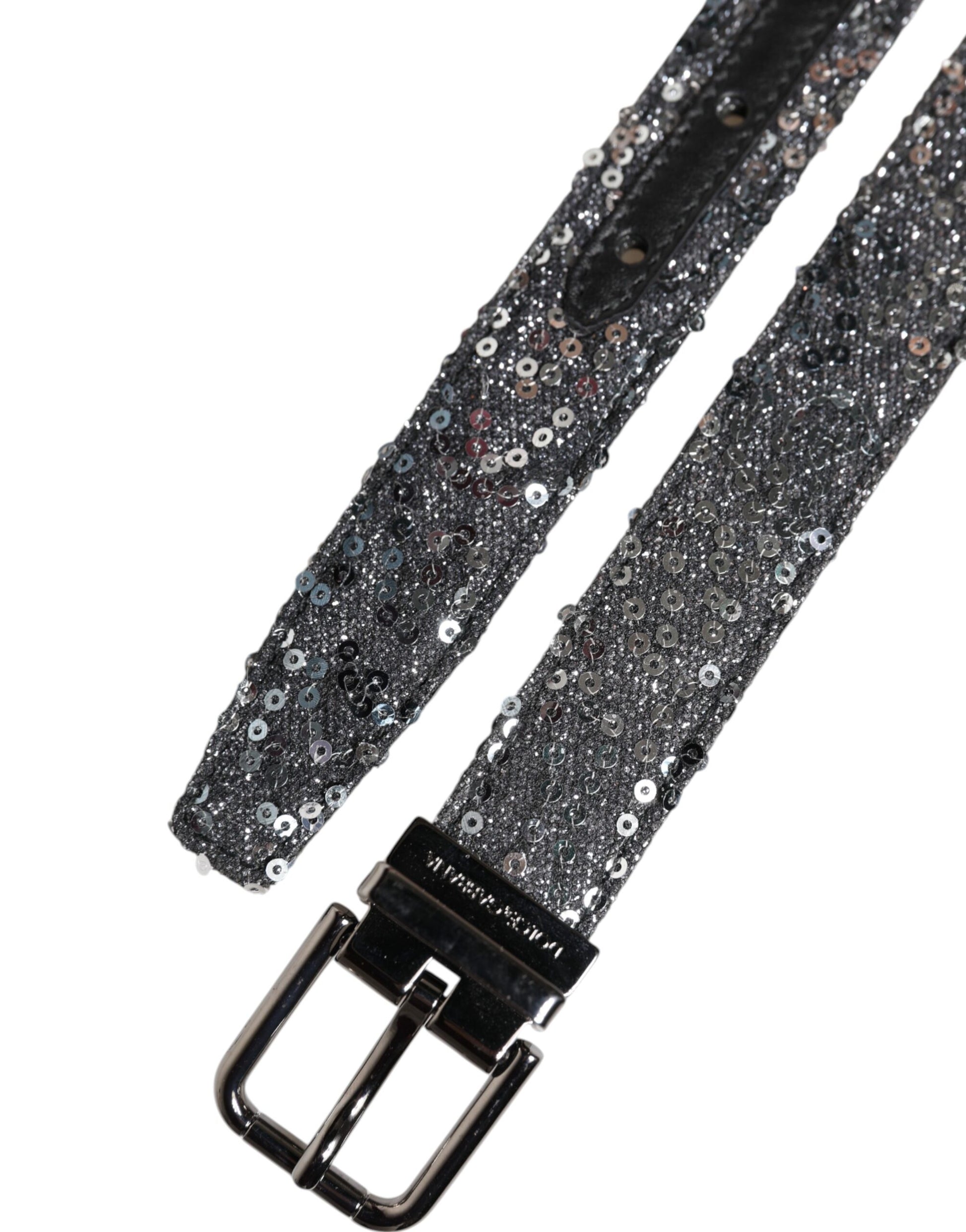 Gürtel mit Logoschnalle aus schwarzem Pailletten und silbernem Metall