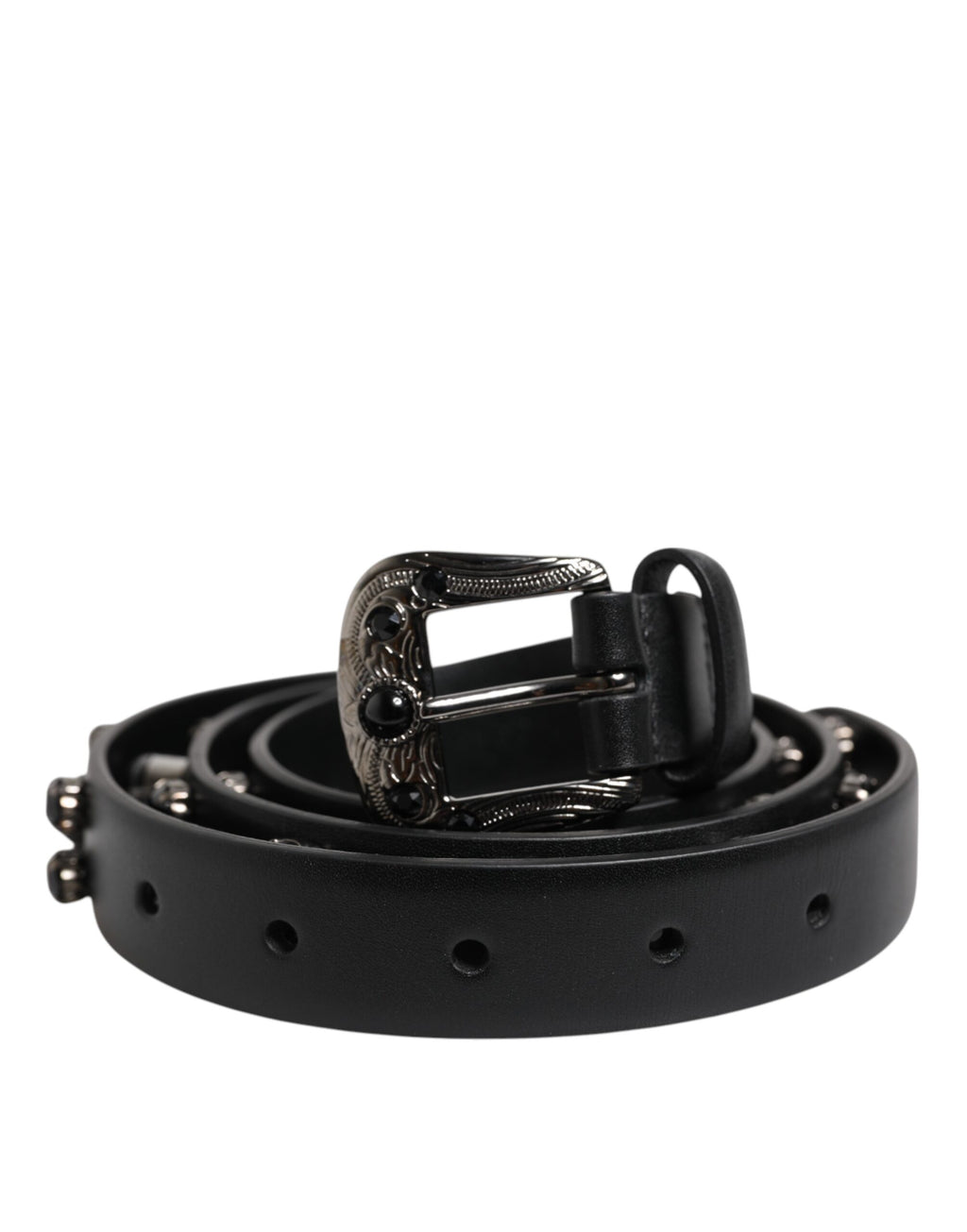 Schwarzer Ledergürtel mit Metall-Logoschnalle und Nieten
