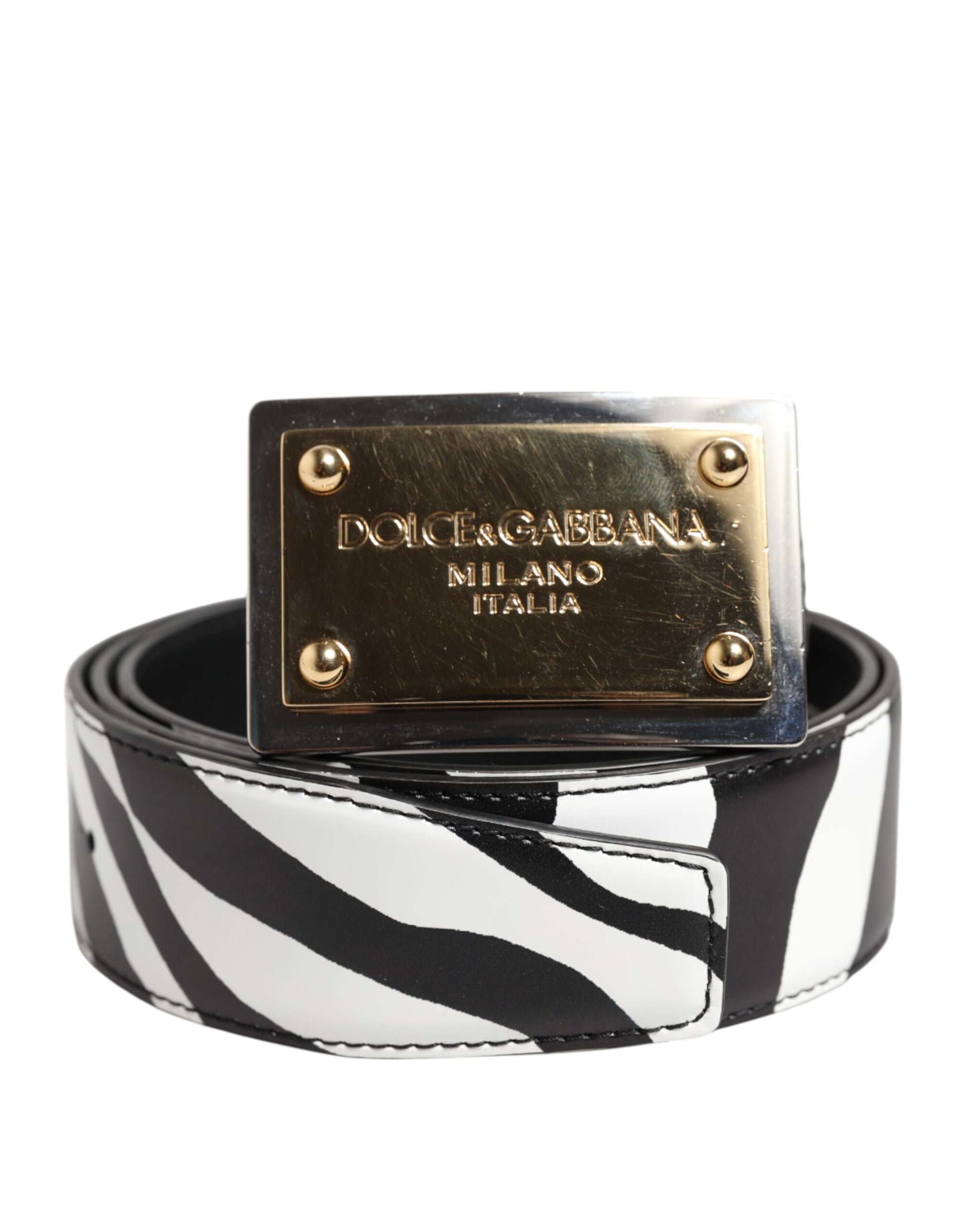 Schwarz-weißer Zebra-Gürtel mit goldener Metall-Logoschnalle