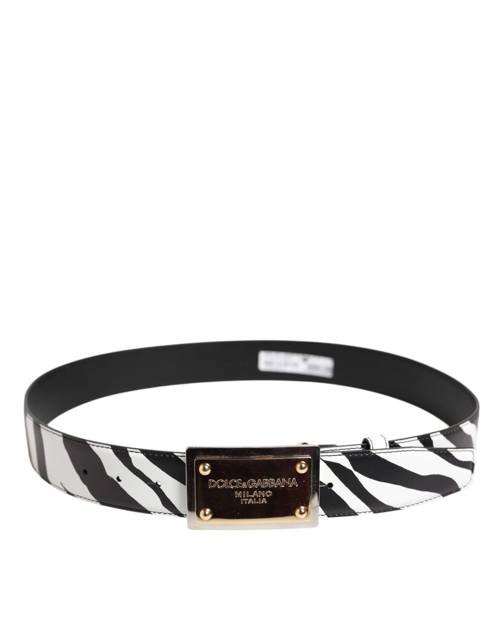 Schwarz-weißer Zebra-Gürtel mit goldener Metall-Logoschnalle