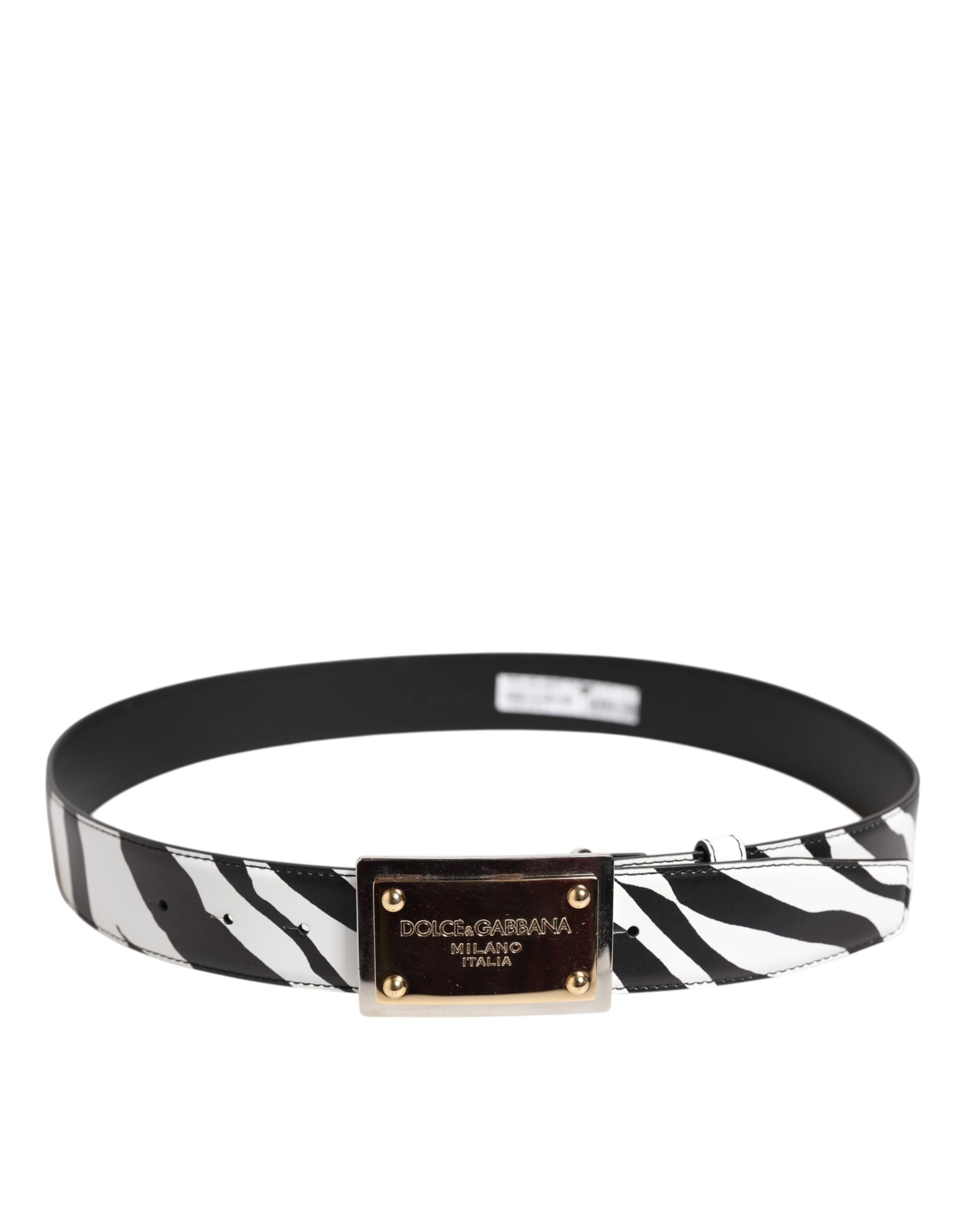 Schwarz-weißer Zebra-Gürtel mit goldener Metall-Logoschnalle