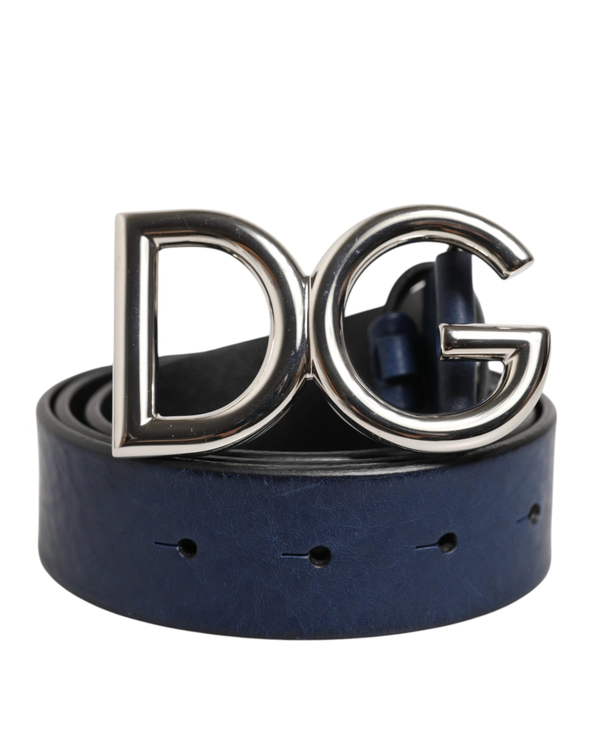 Blauer klassischer Gürtel mit silberner Metallschnalle mit DG-Logo