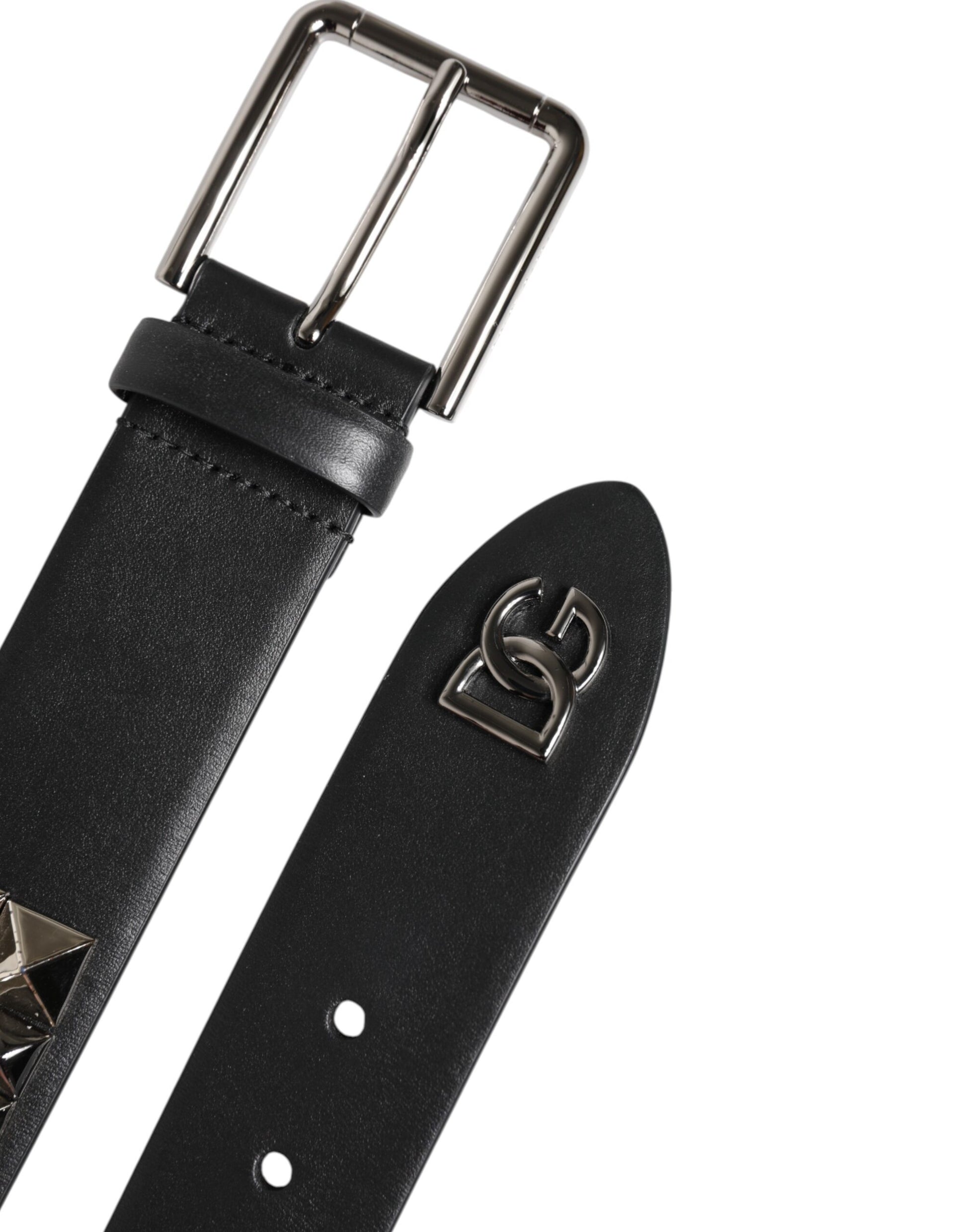 Dolce & Gabbana Black Leather Studded DG Metal Buckle Belt