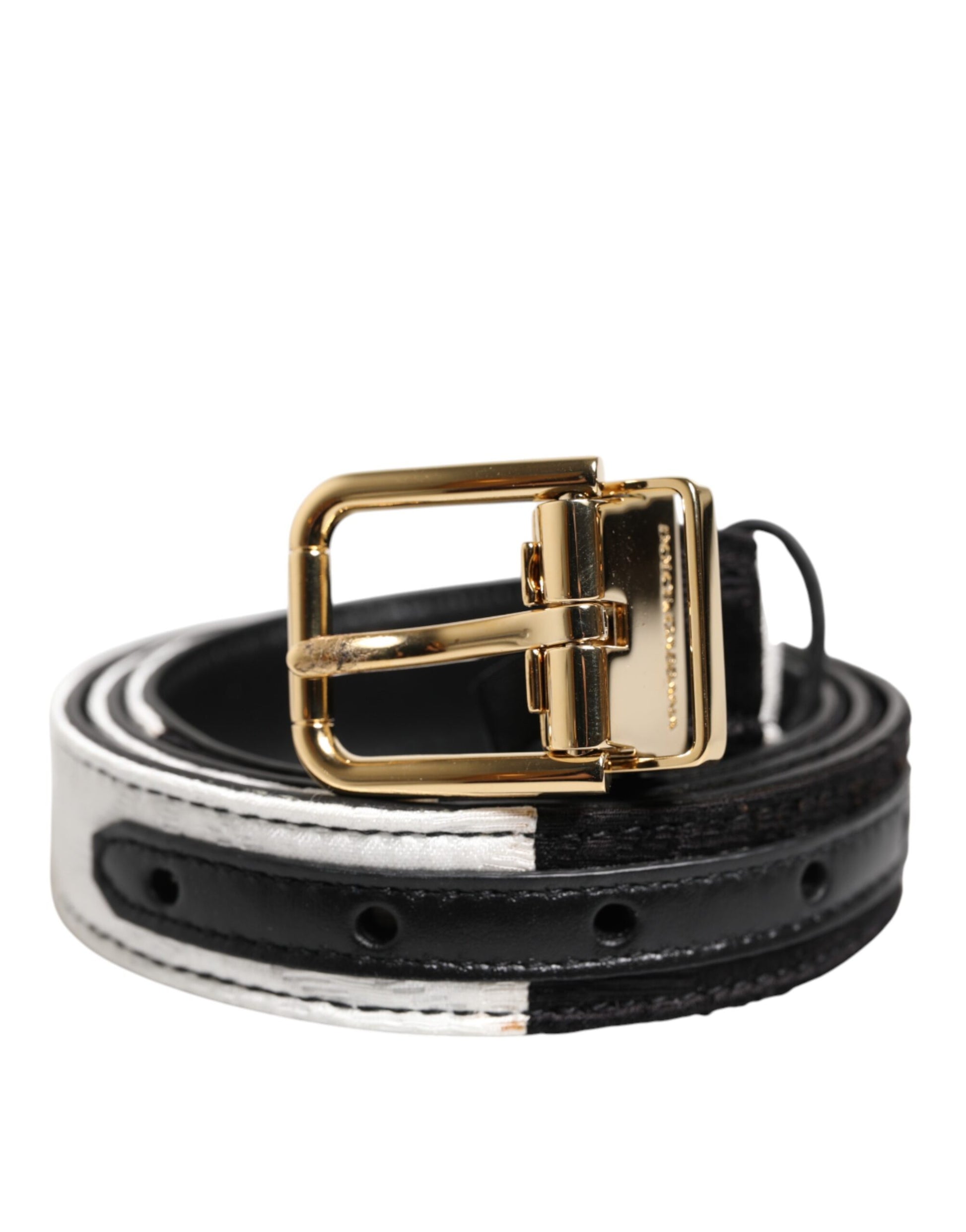 Schwarz-weißer Patchwork-Gürtel mit goldener Metallschnalle