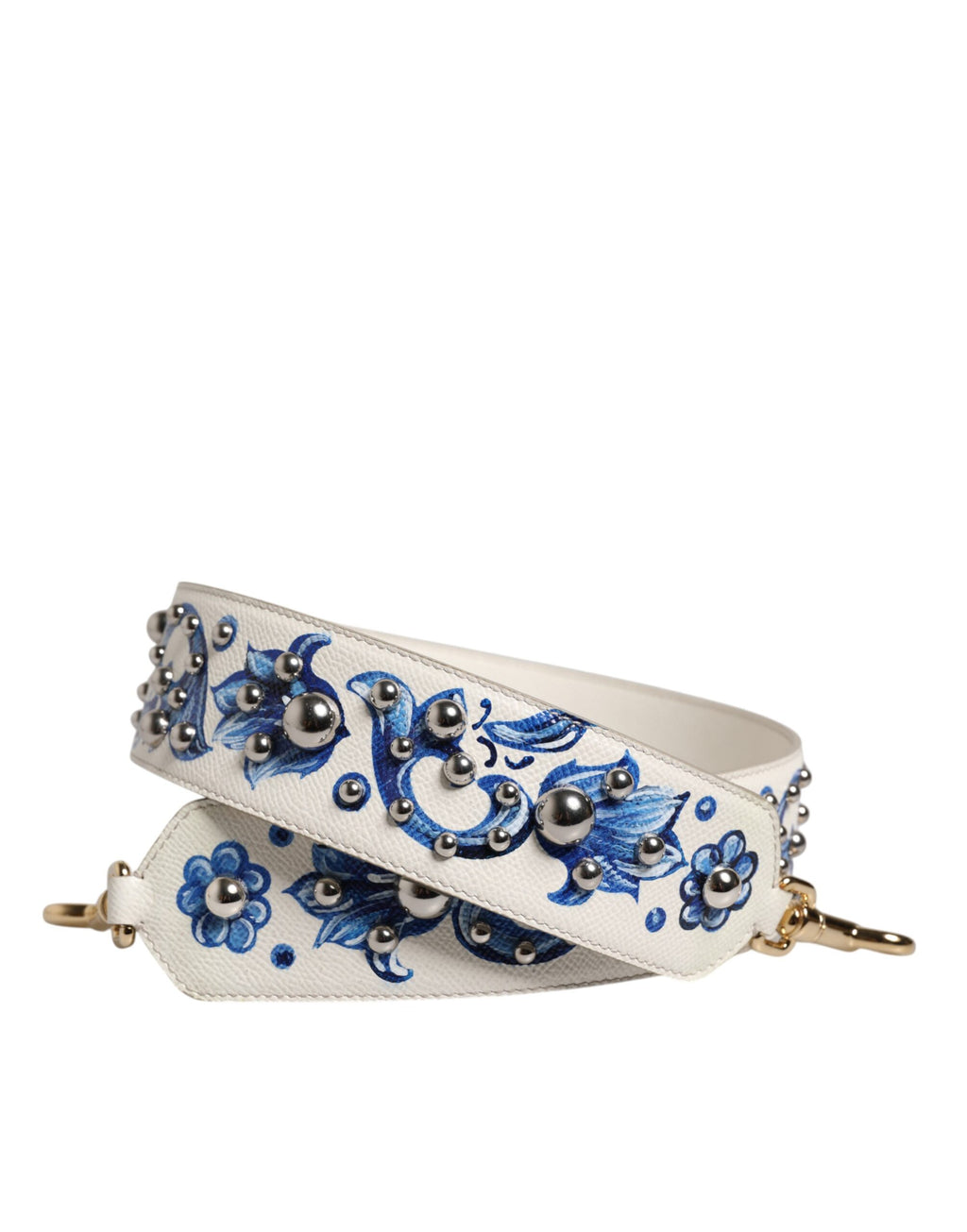 Weiß-blauer Schultergurt aus Leder mit Nieten und Blumenmuster