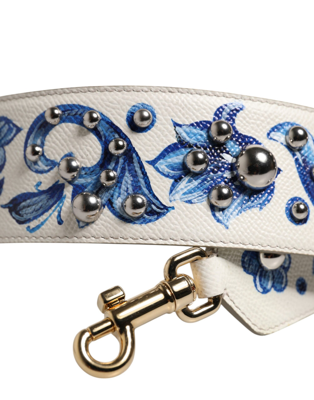 Weiß-blauer Schultergurt aus Leder mit Nieten und Blumenmuster