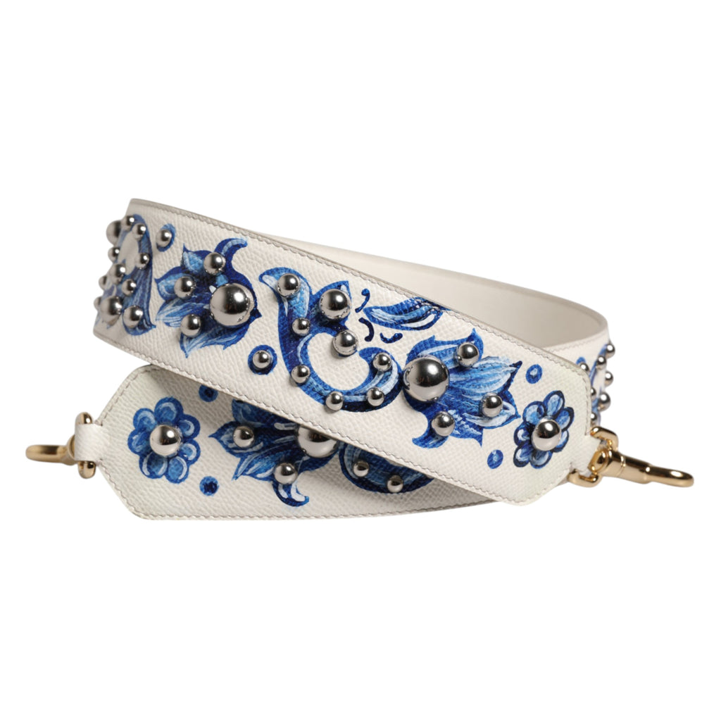 Weiß-blauer Schultergurt aus Leder mit Nieten und Blumenmuster