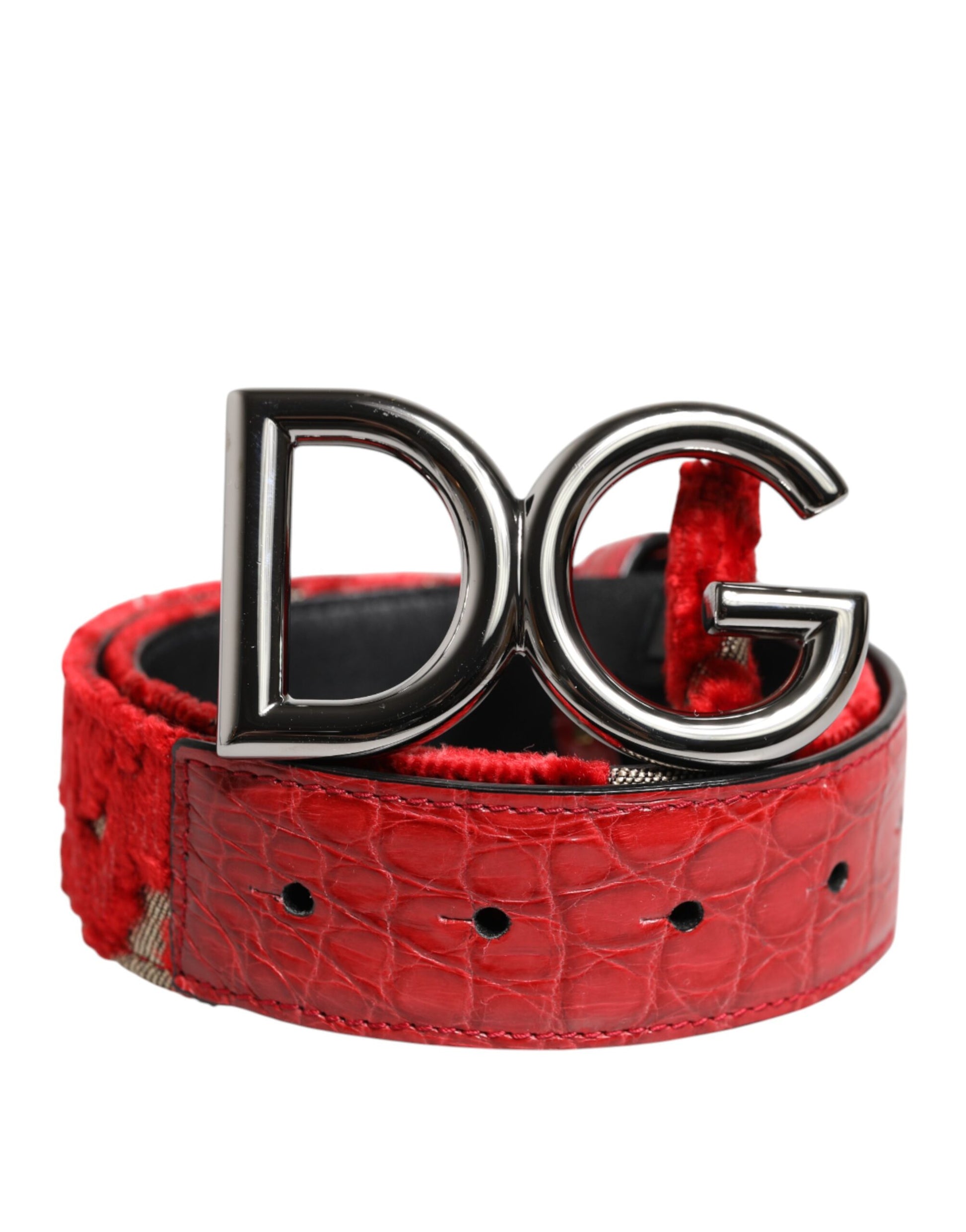 Roter Viskosegürtel mit silberner DG-Logo-Metallschnalle