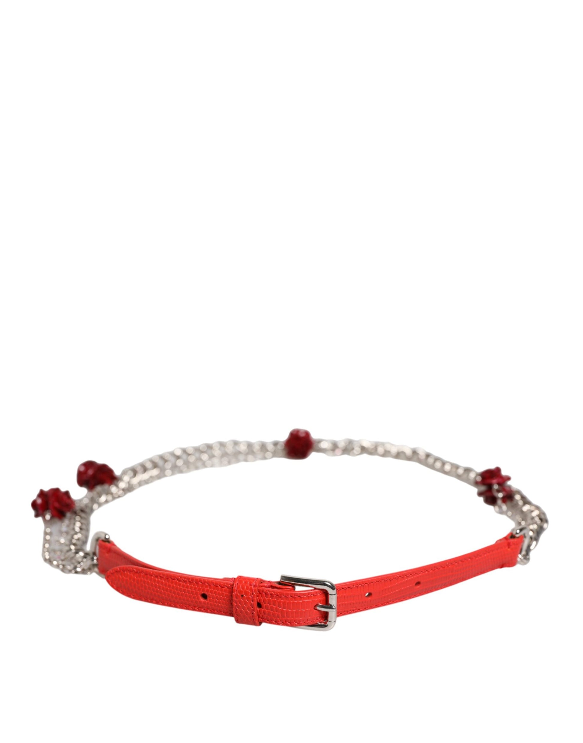 Roter Cintura-Gürtel aus Leder mit silberner Kette und Blumenmuster