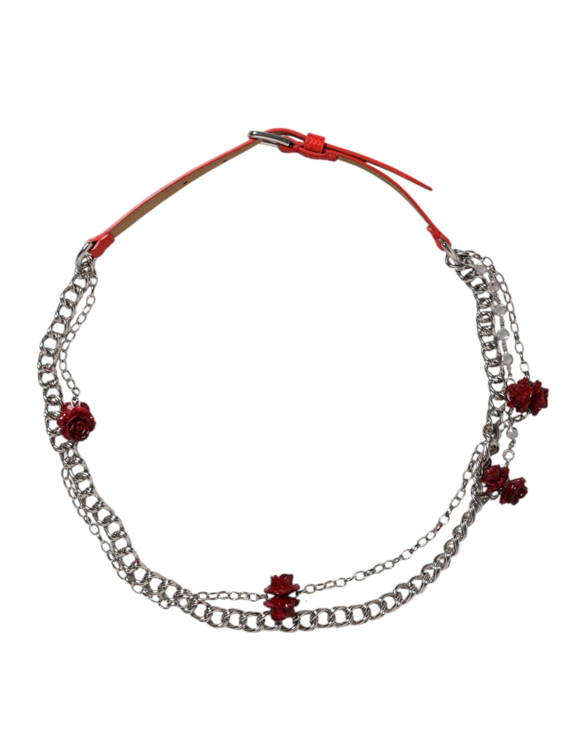 Roter Cintura-Gürtel aus Leder mit silberner Kette und Blumenmuster