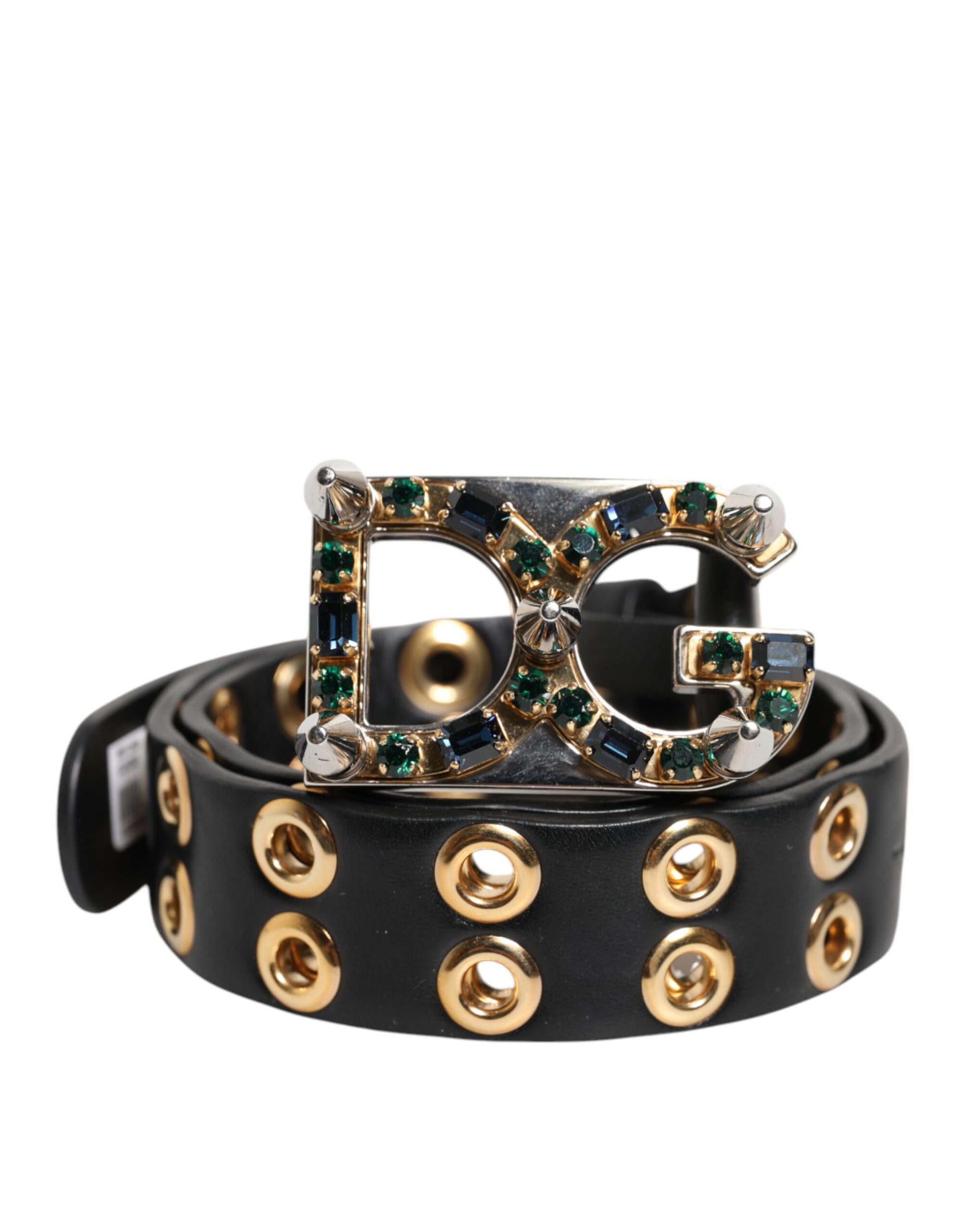 Dolce & Gabbana Black Leather Eyelet Crystal DG Buckle Belt
