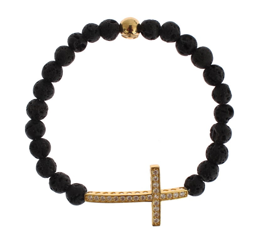 Lavastein Gold Klar CZ Kreuz 925 Silber Armband
