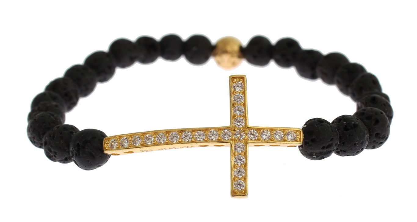 Lavastein Gold Klar CZ Kreuz 925 Silber Armband