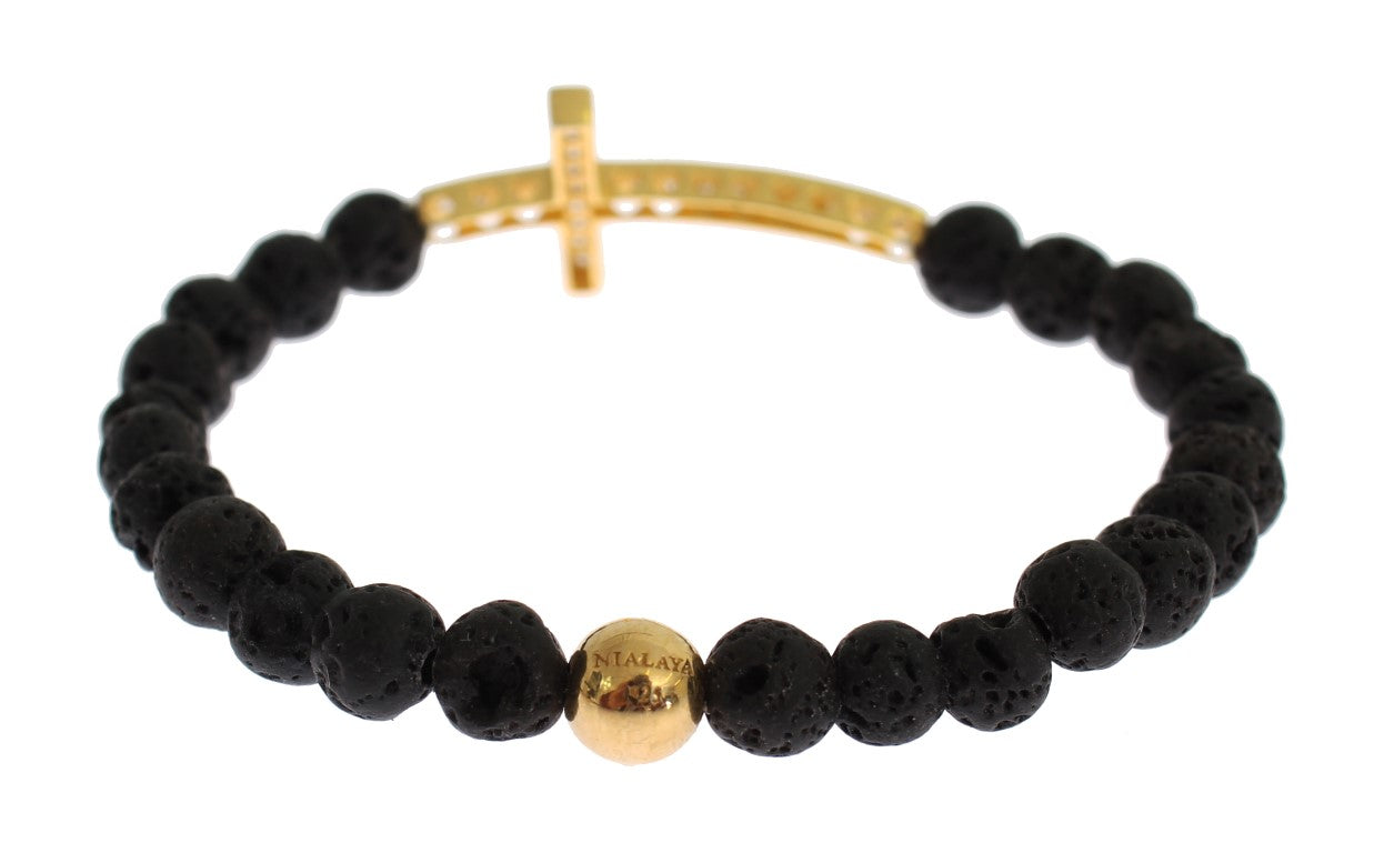 Lavastein Gold Klar CZ Kreuz 925 Silber Armband