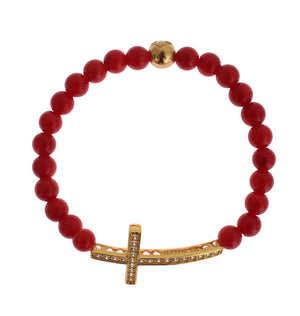 Rote Koralle Gold CZ Kreuz 925 Silber Armband