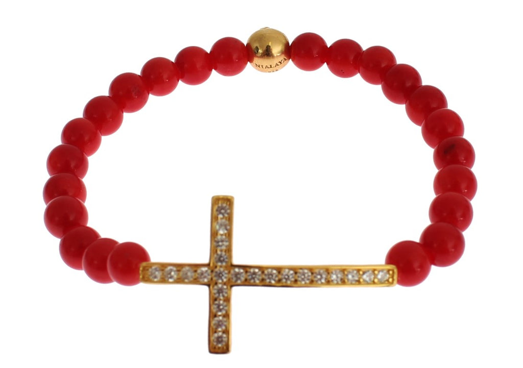 Rote Koralle Gold CZ Kreuz 925 Silber Armband
