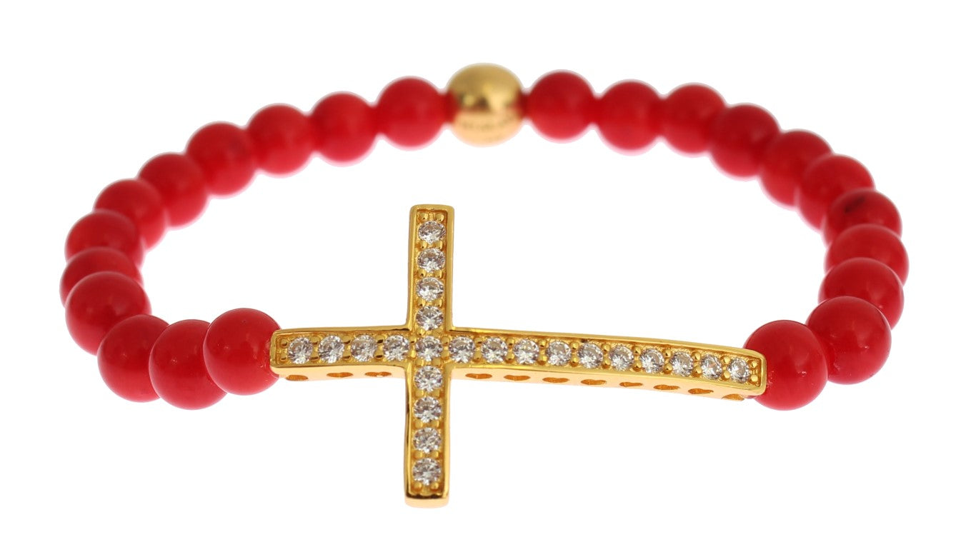 Rote Koralle Gold CZ Kreuz 925 Silber Armband