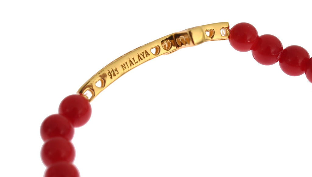 Rote Koralle Gold CZ Kreuz 925 Silber Armband