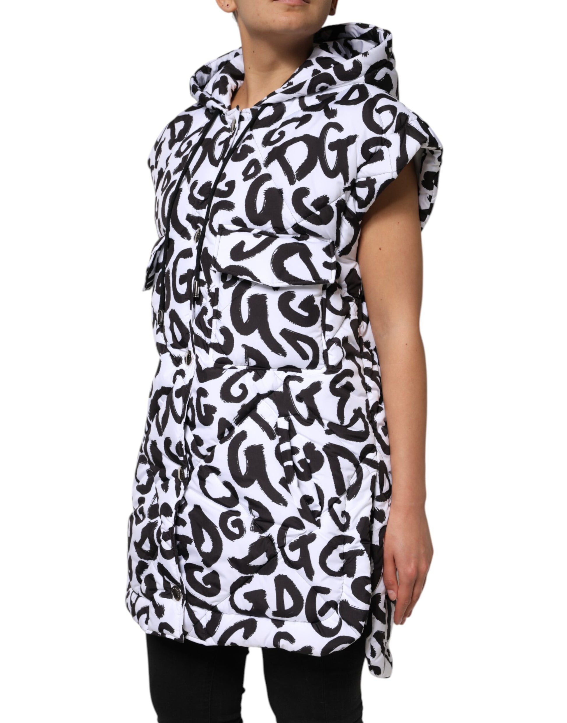 Dolce & Gabbana White DG Mania Hooded Sleeveless Puffer Jacket