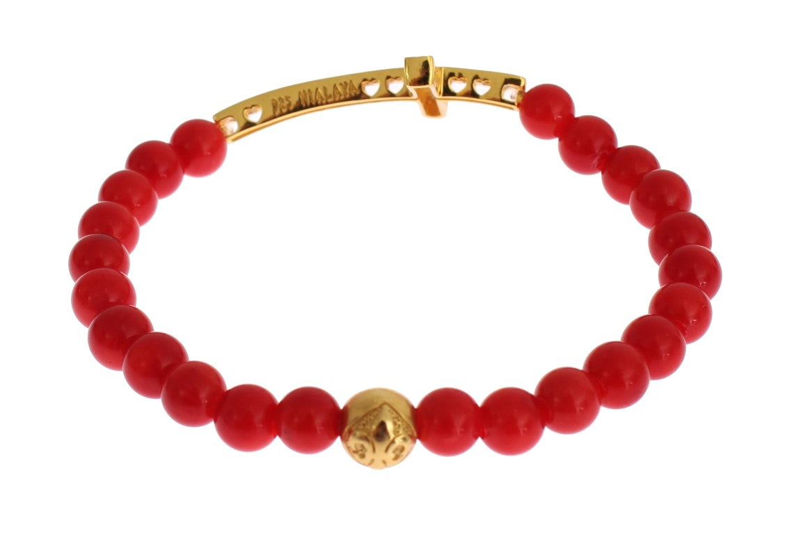 Rote Koralle Gold CZ Kreuz 925 Silber Armband