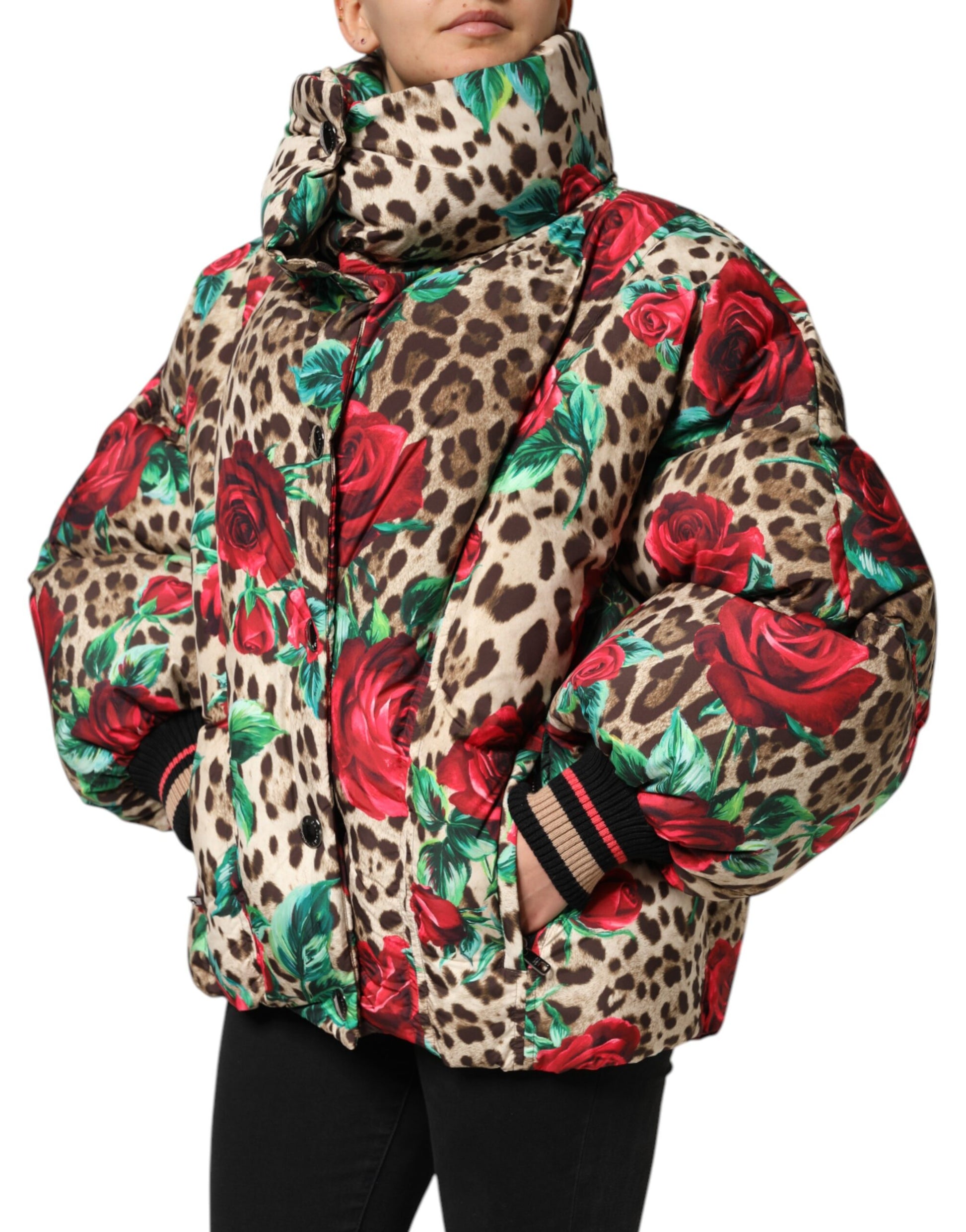 Dolce & Gabbana Multicolor Leopard Rose Puffer Quilted Jacket