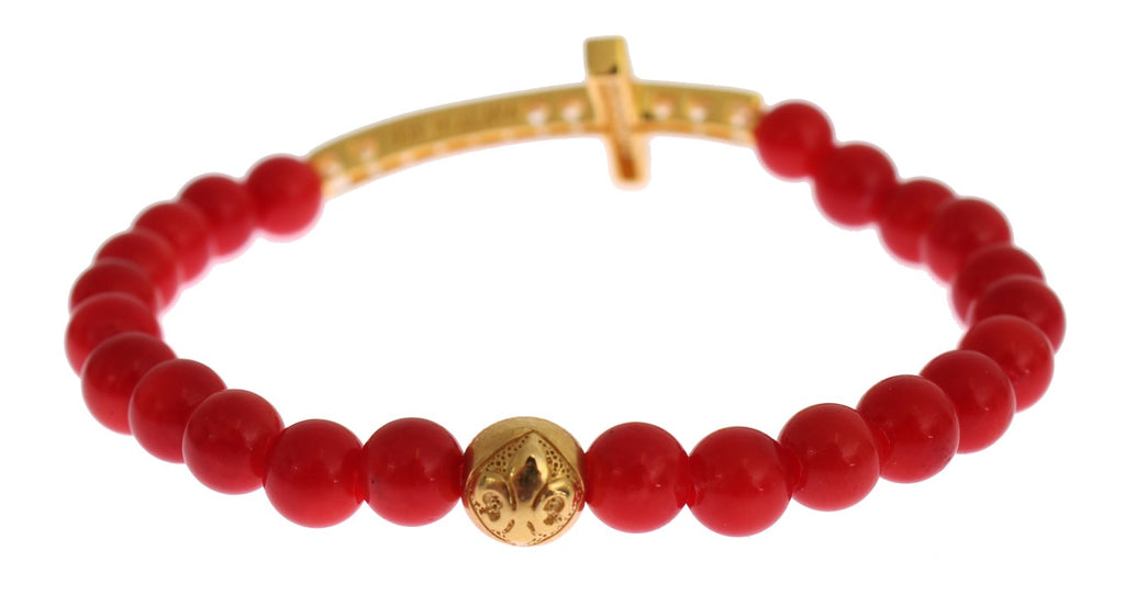 Rote Koralle Gold CZ Kreuz 925 Silber Armband