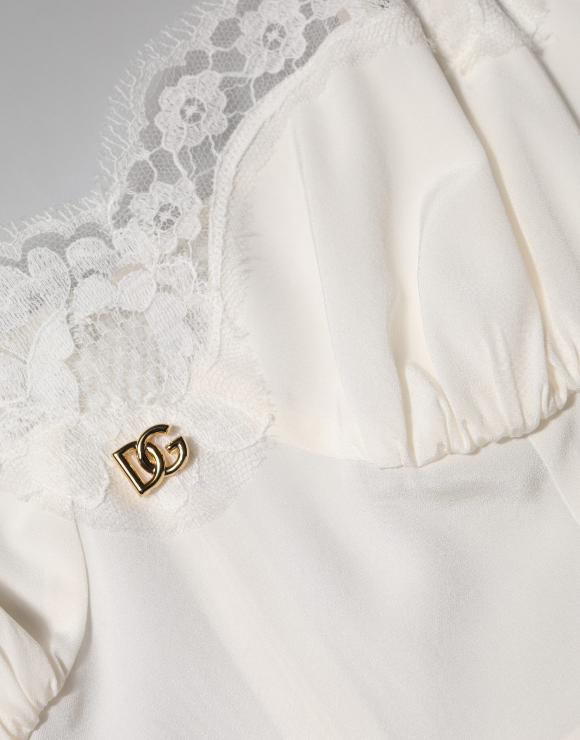 Dolce & Gabbana White Lace DG Logo Silk Dress Sleepwear