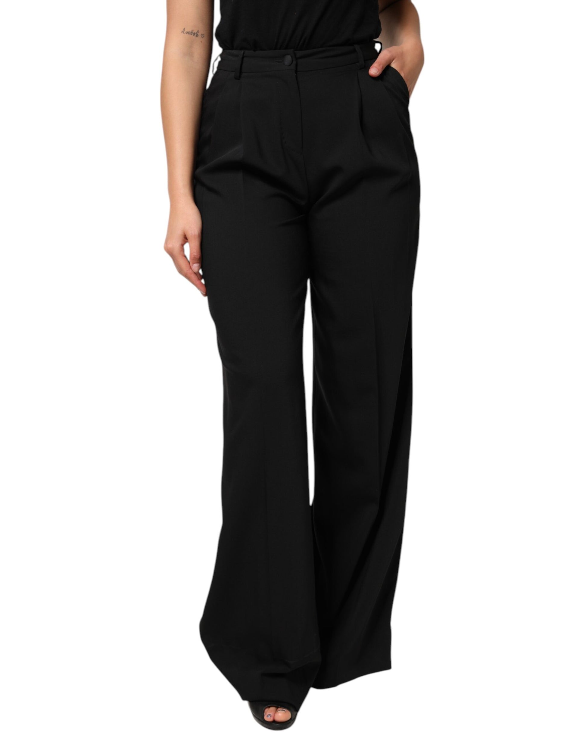 Dolce & Gabbana Black Wool High Waist Wide Leg Pants