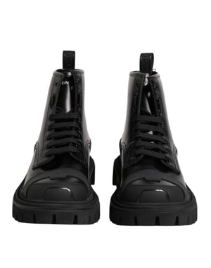 Black Leather Lace Up Mid Calf Boots Shoes