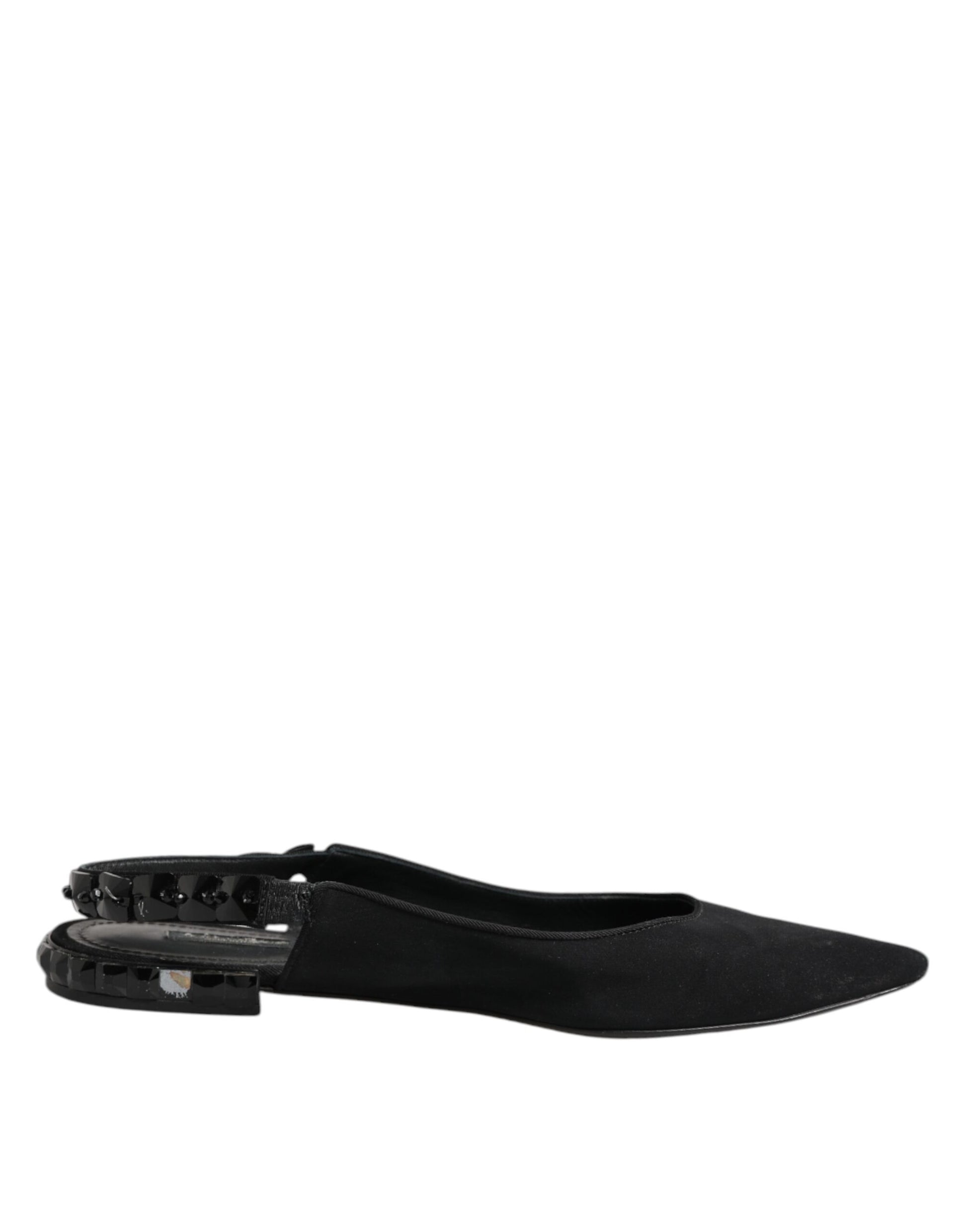 Dolce & Gabbana Black Crystal Charmeuse Slingback Shoes