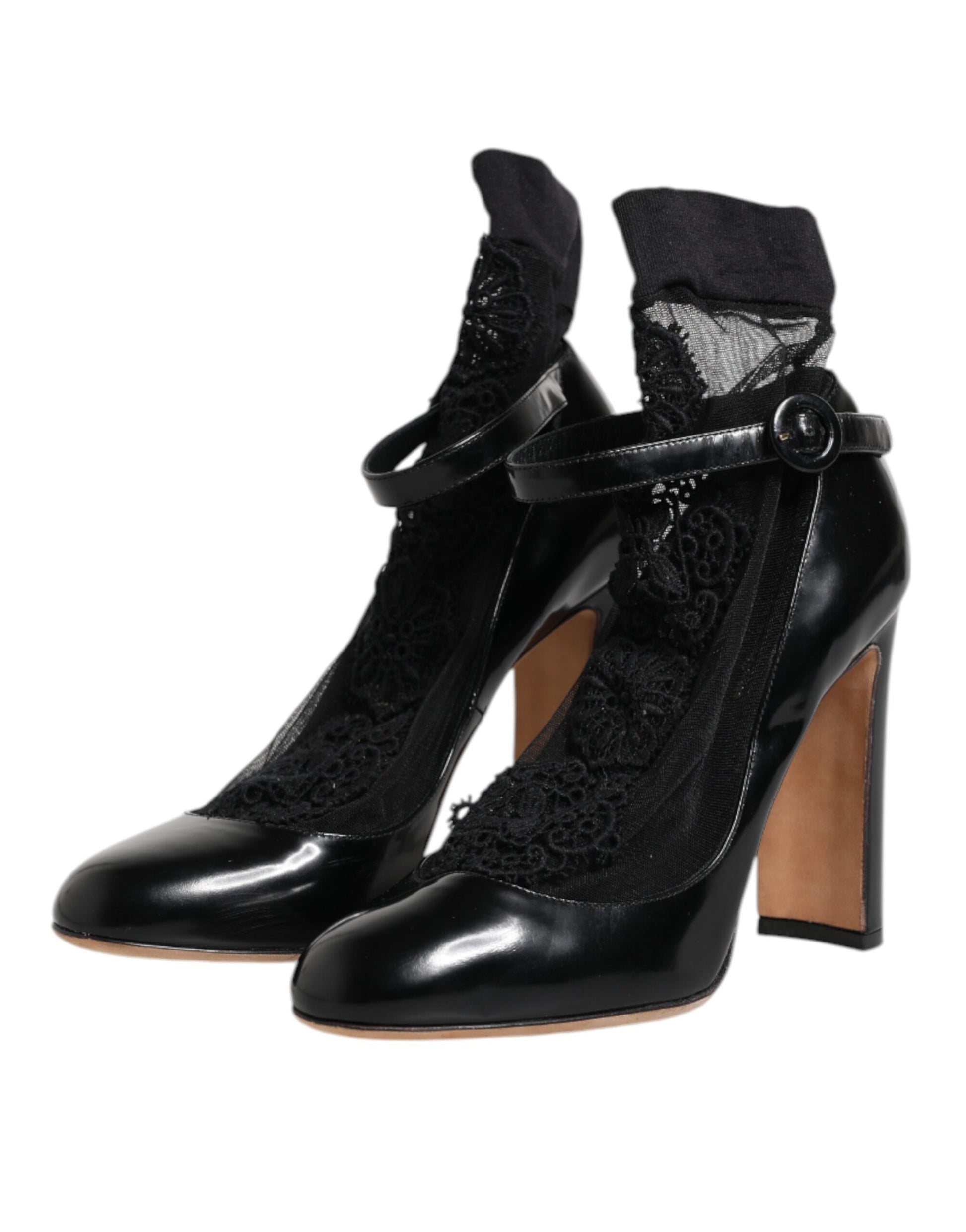 Dolce & Gabbana Black Leather Lace Socks Heels Pumps Shoes