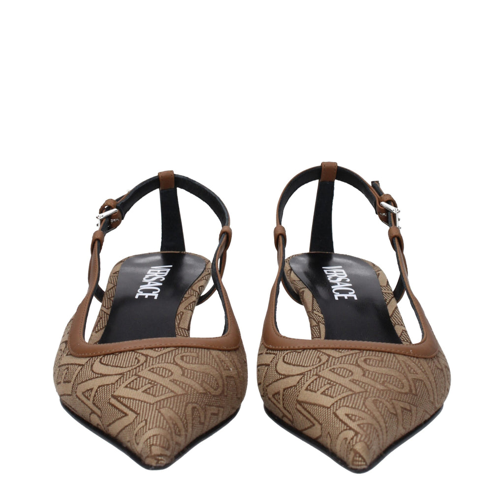 Beige Fabric Mid Heel Pumps
