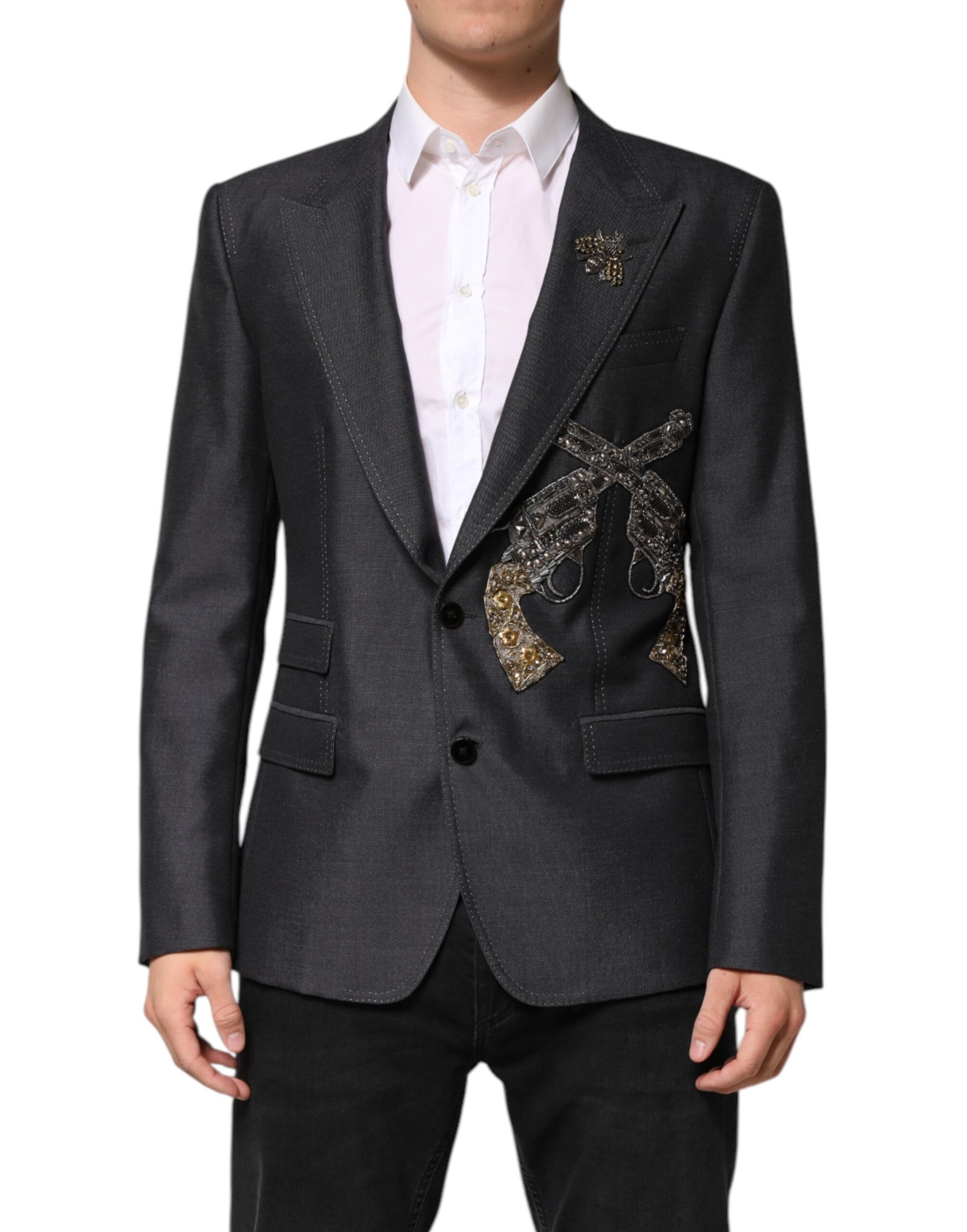 Dolce & Gabbana Dark Gray Bee Embroidery SICILIA Coat Blazer