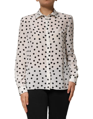 White Black Dotted Silk Long Sleeves Top