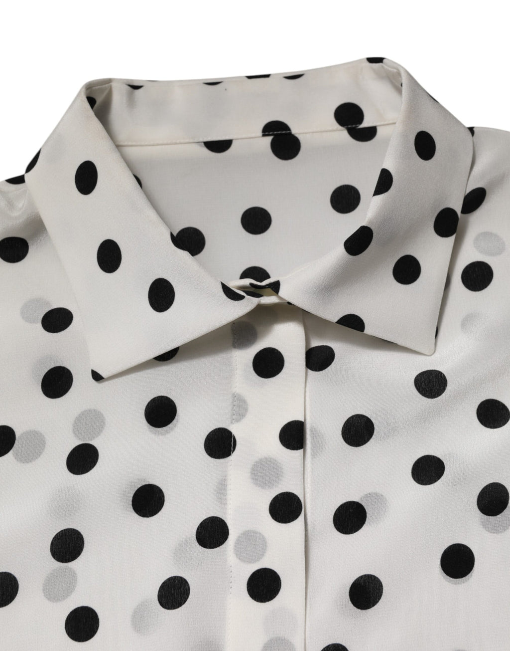 White Black Dotted Silk Long Sleeves Top