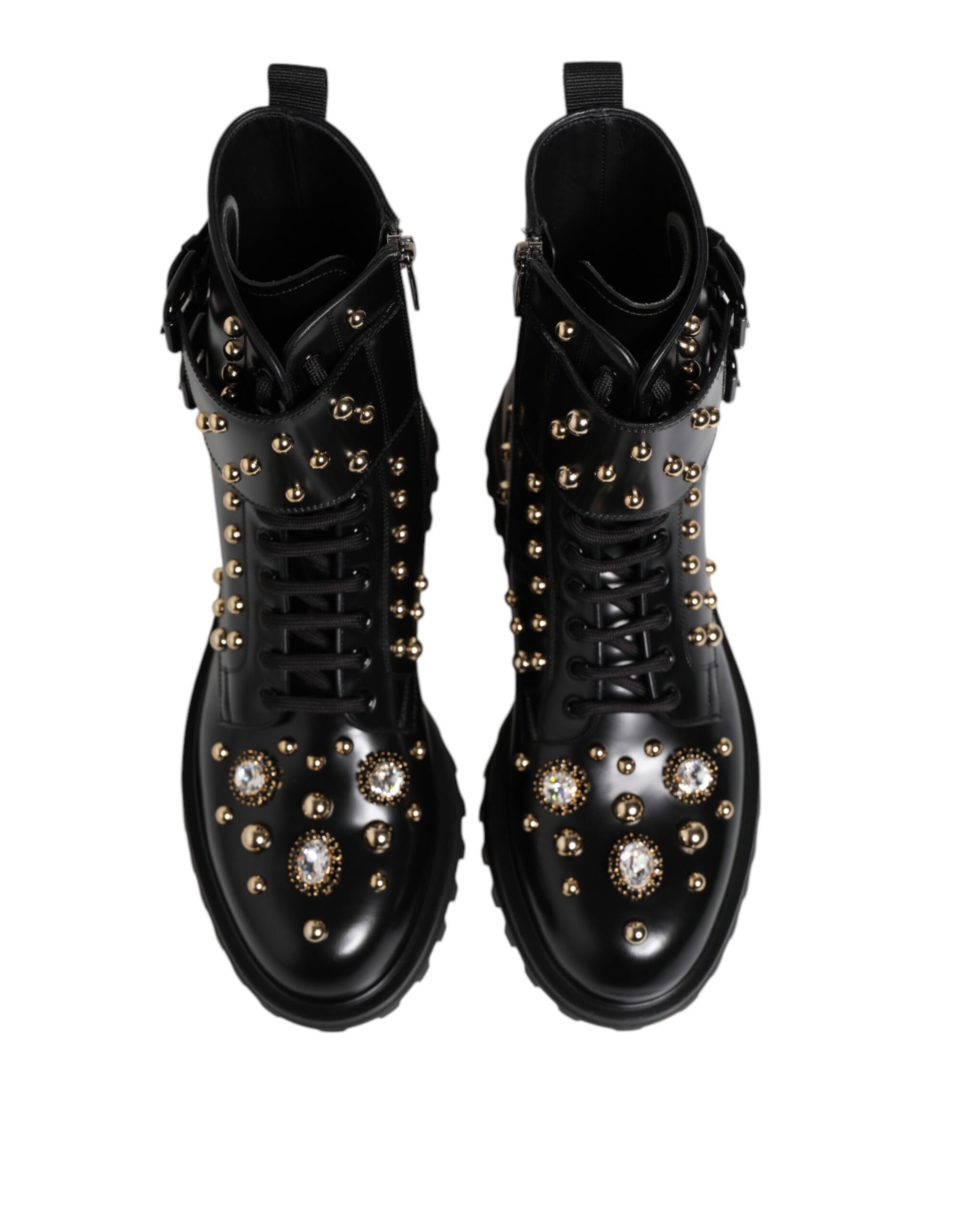 Dolce & Gabbana Black Studded Lace Up Mid Calf Boots Shoes