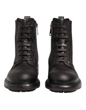 Dolce & Gabbana Dark Brown Leather Lace Up Mid Calf Boots Shoes