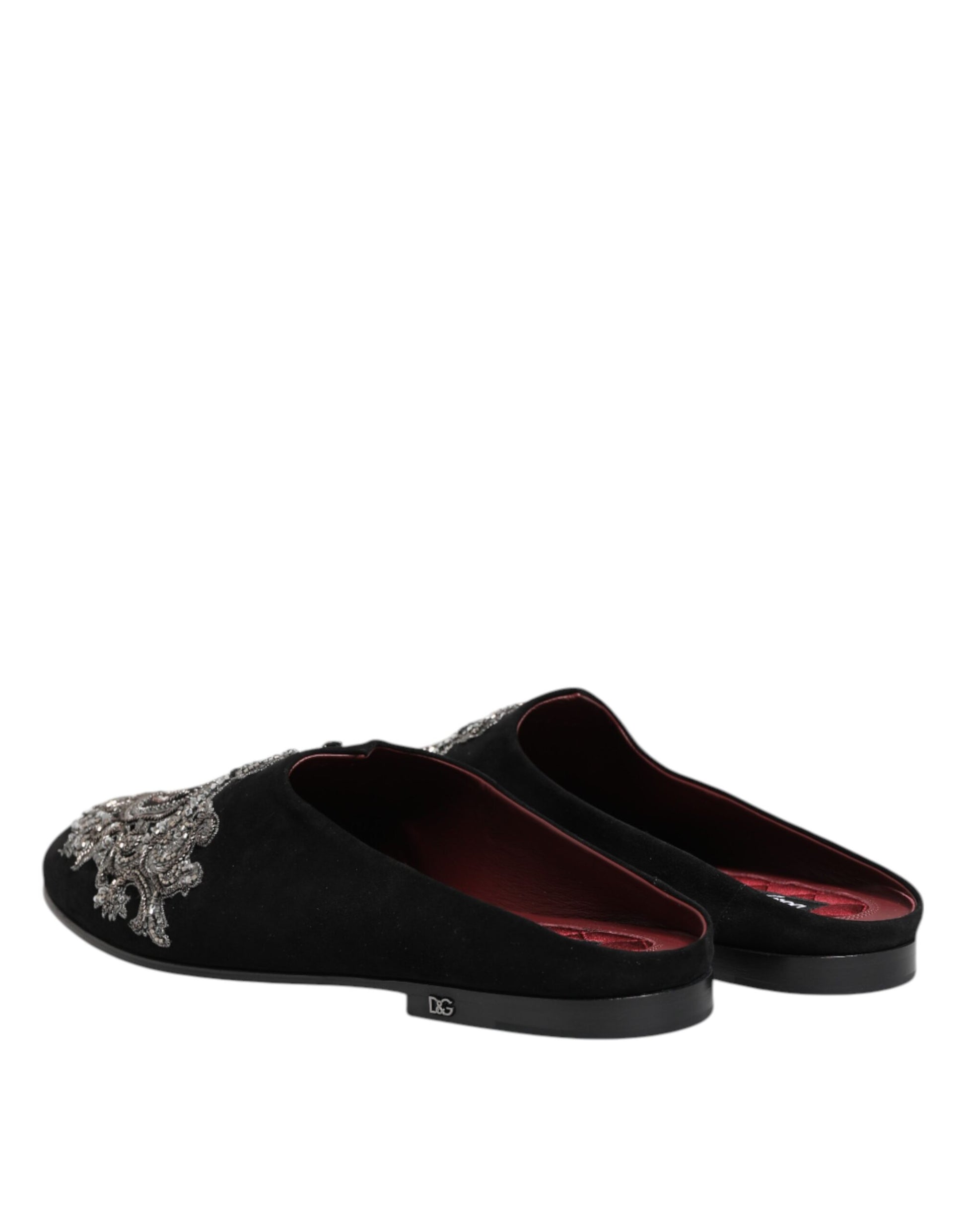Dolce & Gabbana Black Velvet Slides DG Crown Slipper Shoes